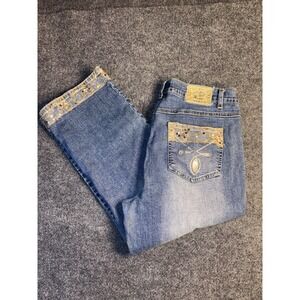 Paco Cropped Jeans Women 15 Blue Denim Embroidered Sequin Lace Patch Ankle